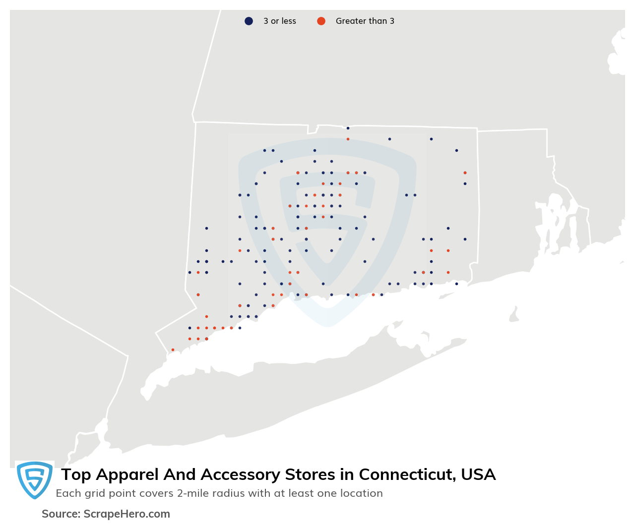 Map of 10 Largest apparel & accessory stores in Connecticut in 2026 Based on Locations