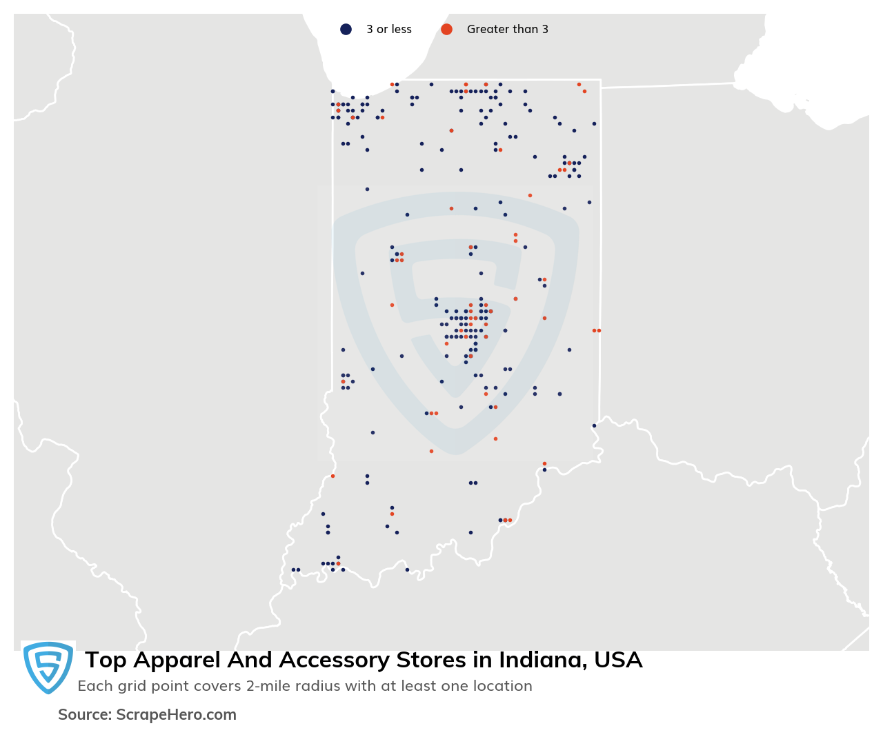 Map of 10 Largest apparel & accessory stores in Indiana in 2025 Based on Locations