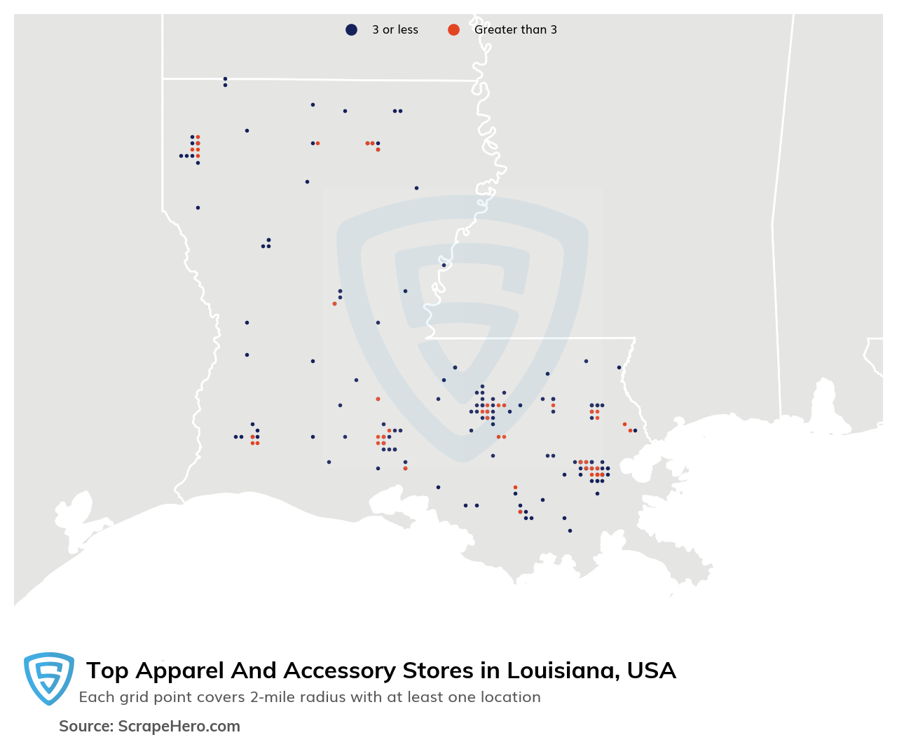 Map of 10 Largest apparel & accessory stores in Louisiana in 2025 Based on Locations