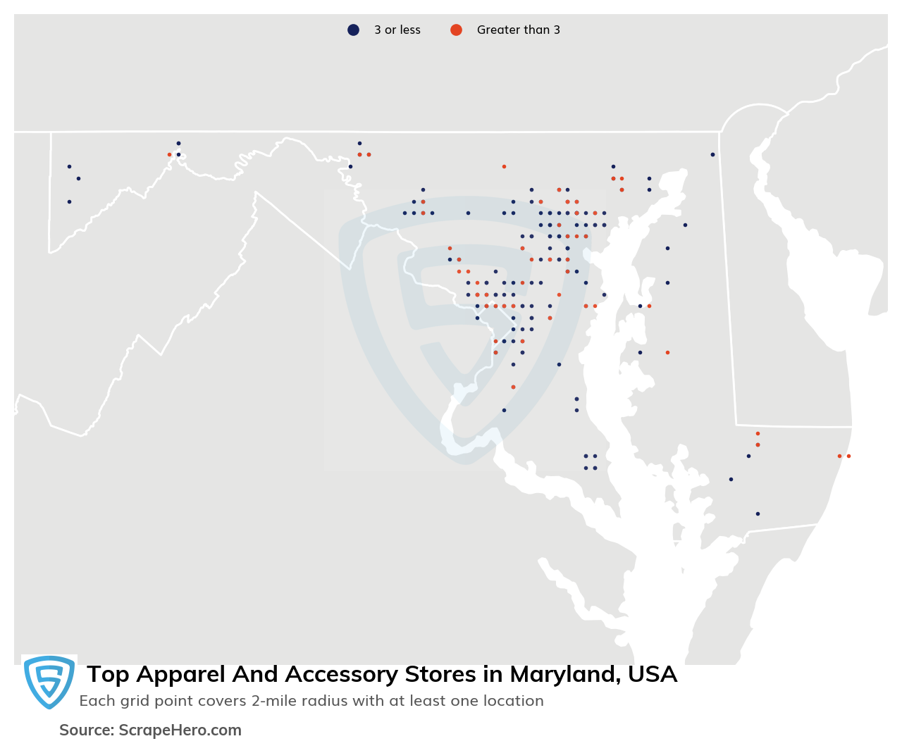 Map of 10 Largest apparel & accessory stores in Maryland in 2025 Based on Locations