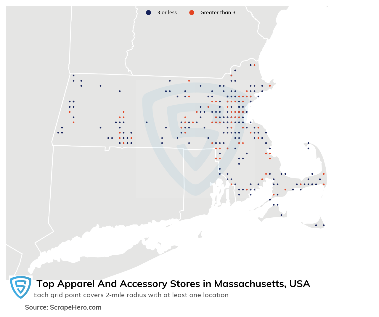 Map of 10 Largest apparel & accessory stores in Massachusetts in 2023 Based on Locations