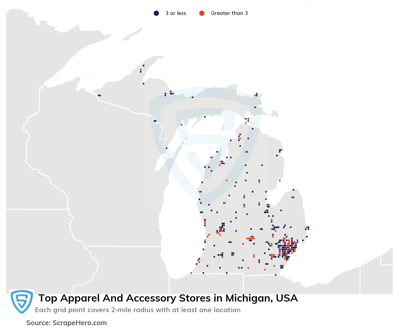 Map of 10 Largest apparel & accessory stores in Michigan in 2023 Based on Locations