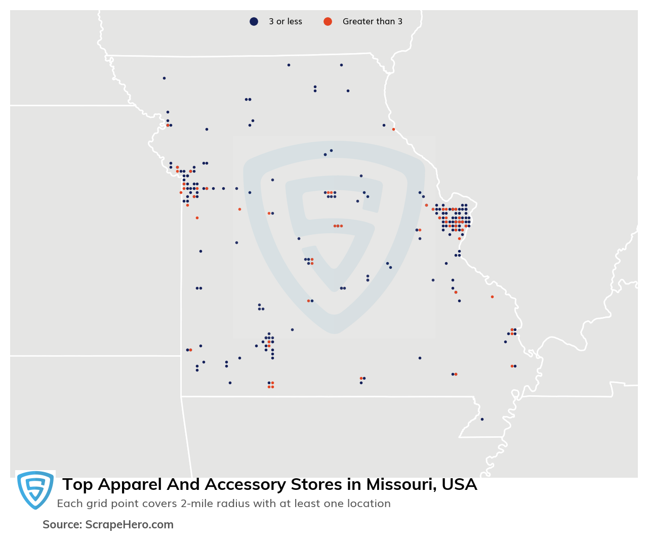 Map of 10 Largest apparel & accessory stores in Missouri in 2025 Based on Locations