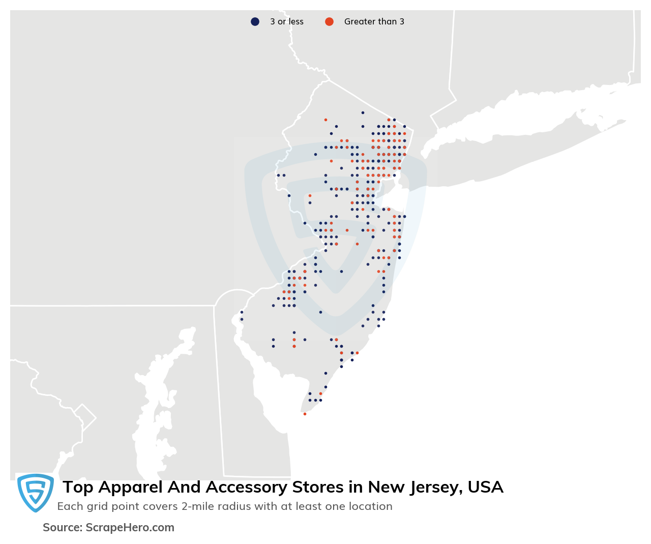 Map of 10 Largest apparel & accessory stores in New Jersey in 2023 Based on Locations