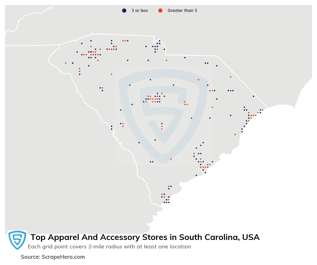Map of 10 Largest apparel & accessory stores in South Carolina in 2025 Based on Locations