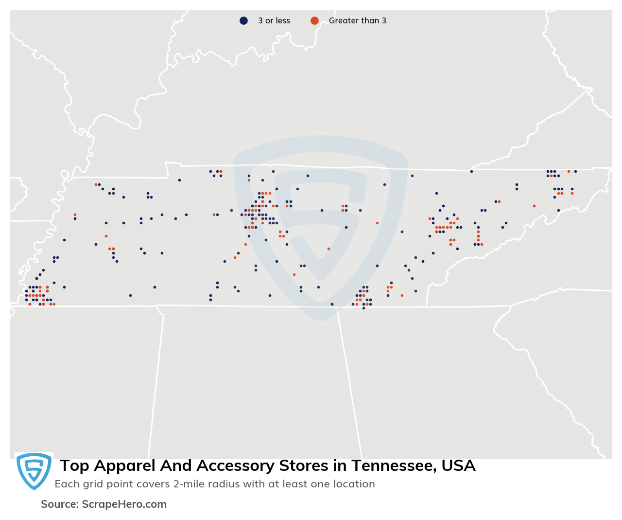 Map of 10 Largest apparel & accessory stores in Tennessee in 2025 Based on Locations