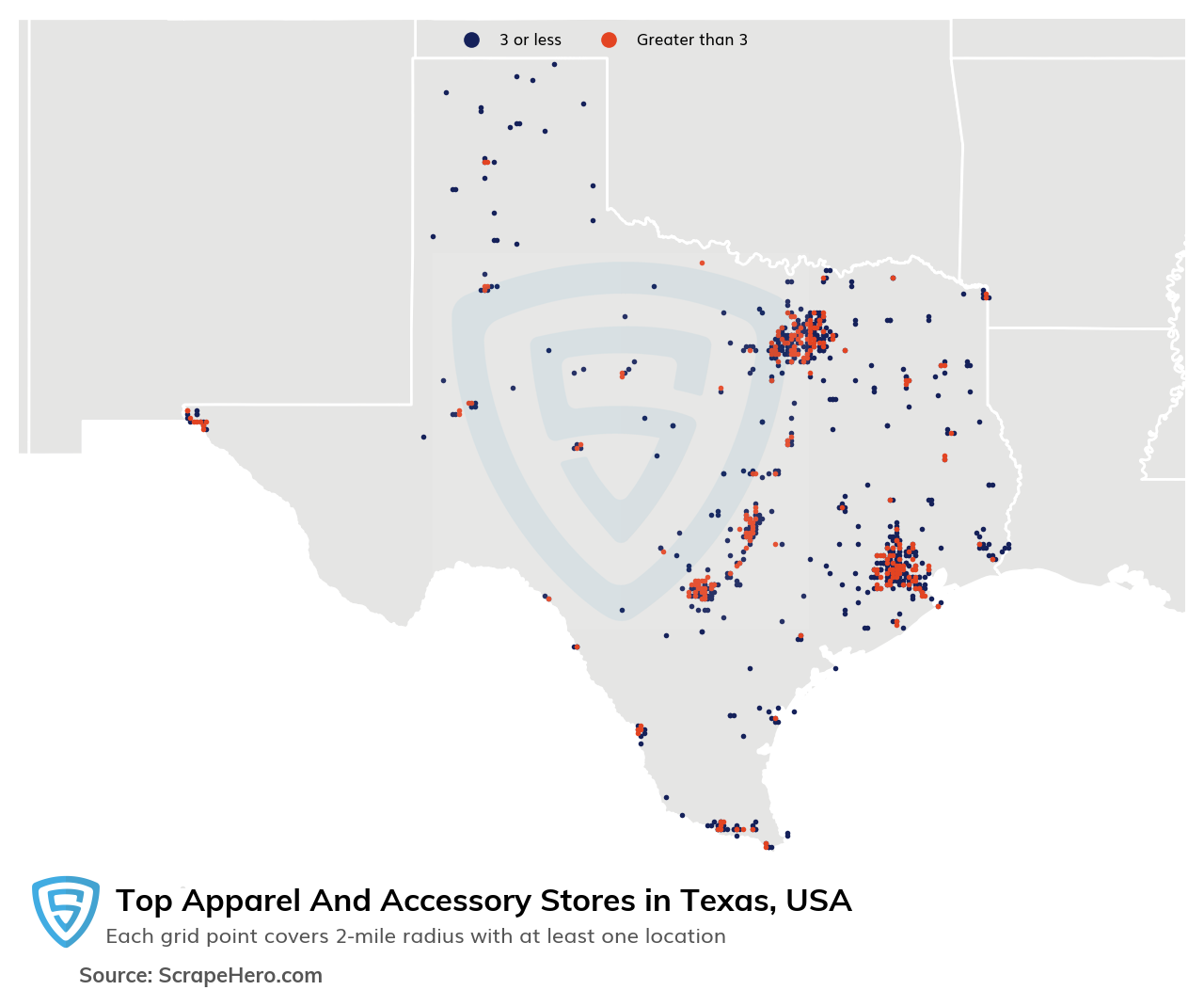 Map of 10 Largest apparel & accessory stores in Texas in 2023 Based on Locations