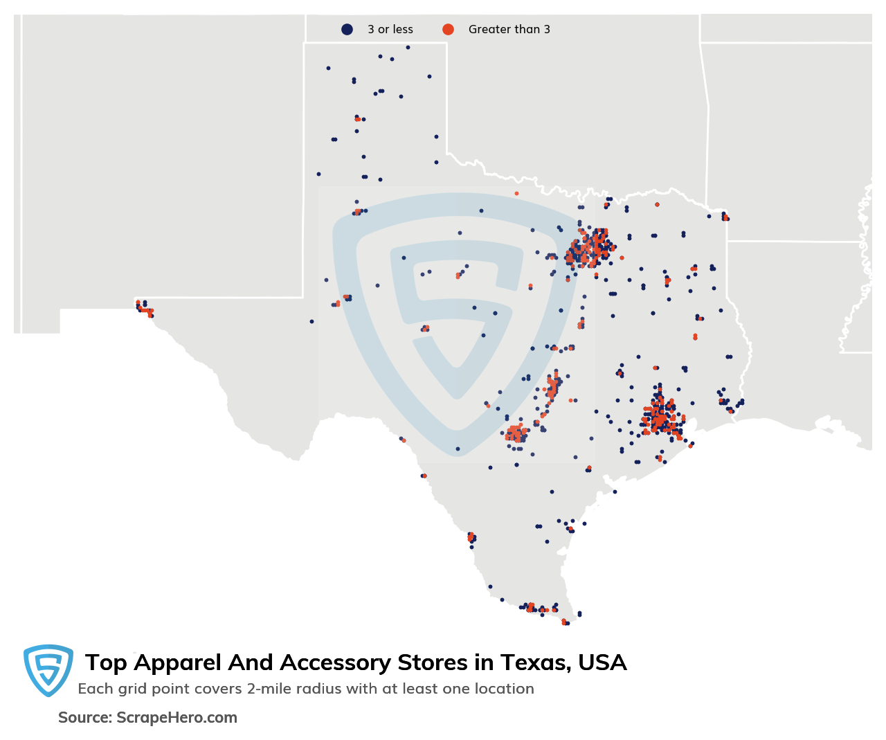 Map of top apparel & accessory stores in Texas in 2024