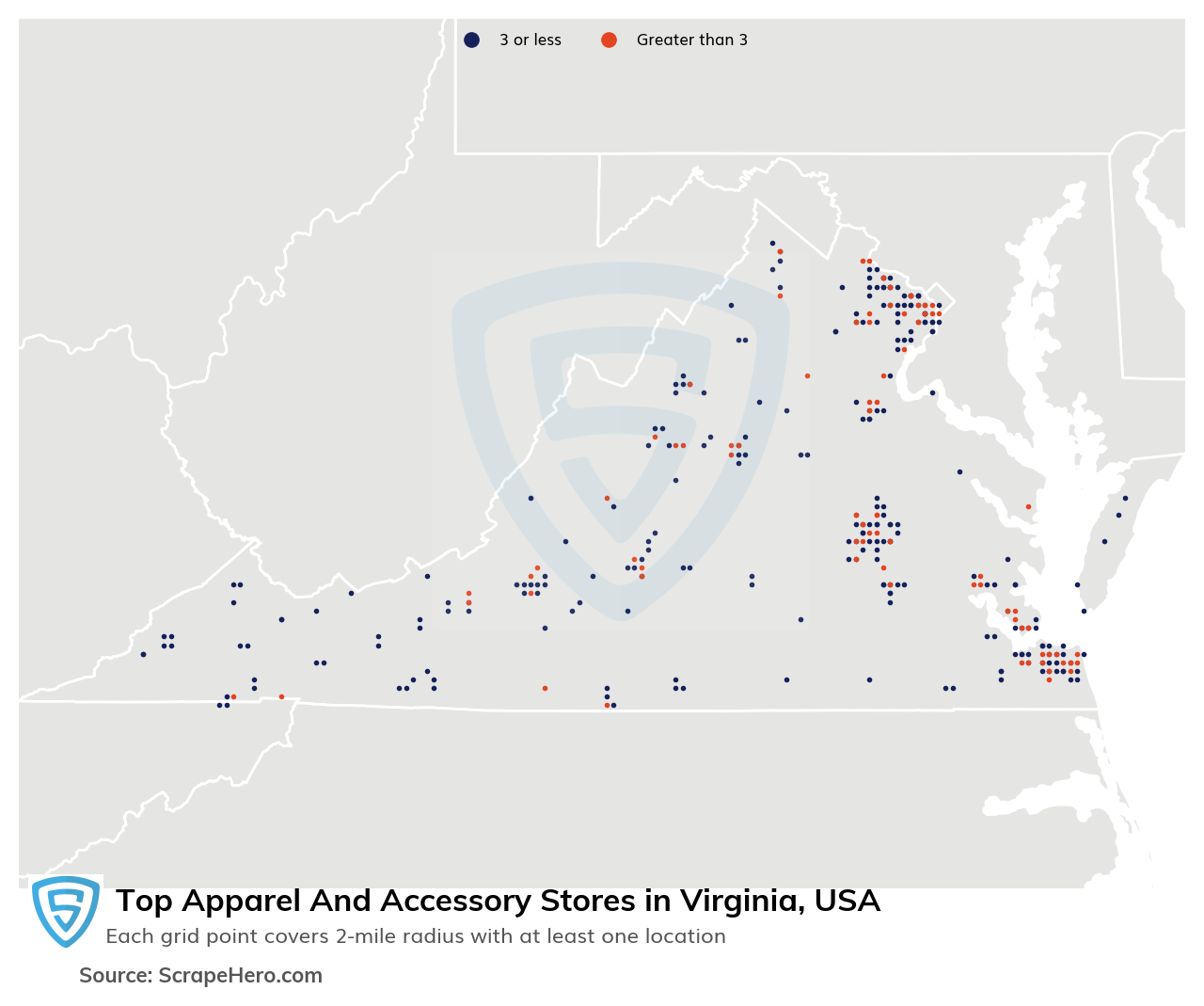 Map of 10 Largest apparel & accessory stores in Virginia in 2023 Based on Locations