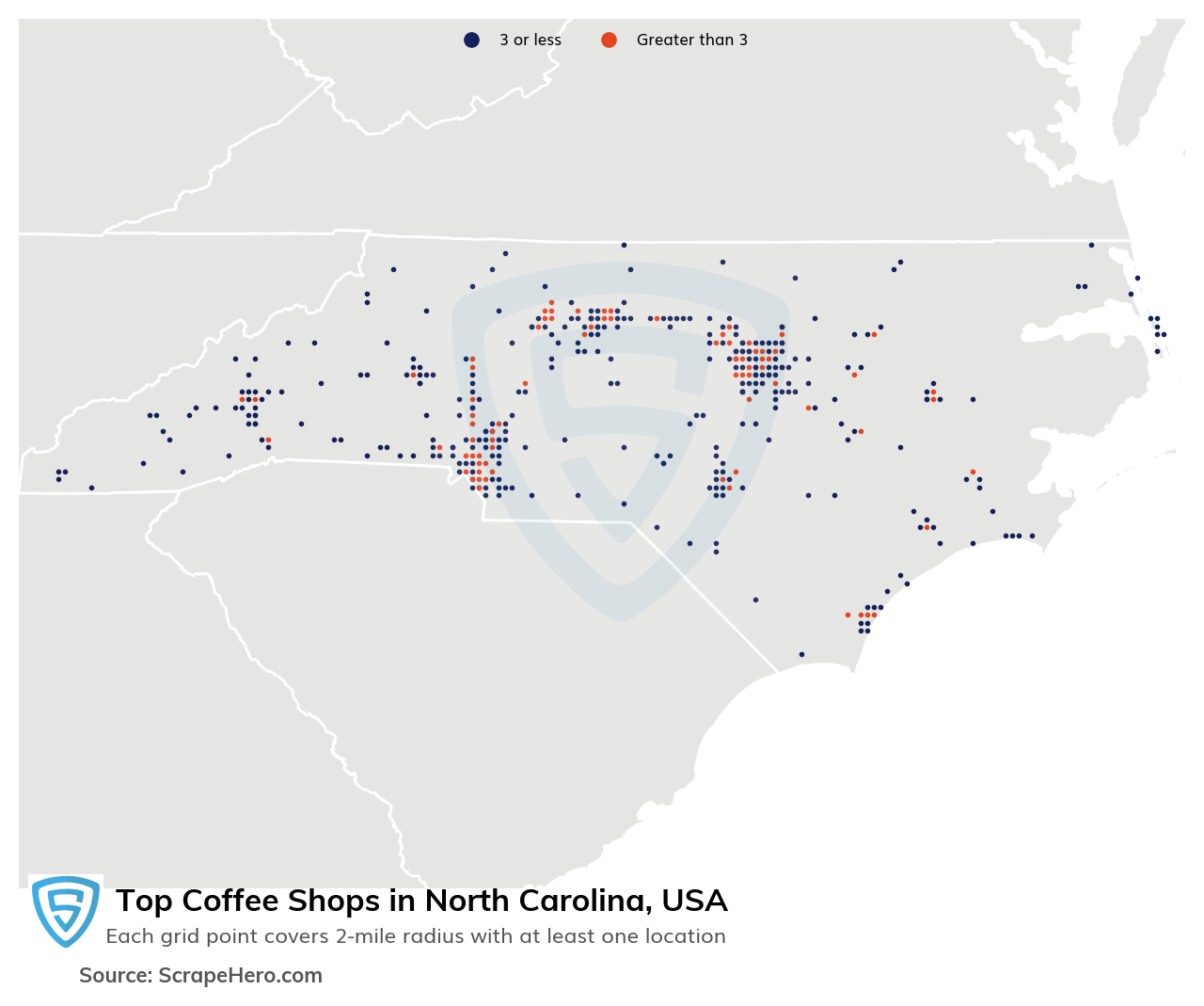 Map of 10 Largest coffee shops in North Carolina in 2024 Based on Locations