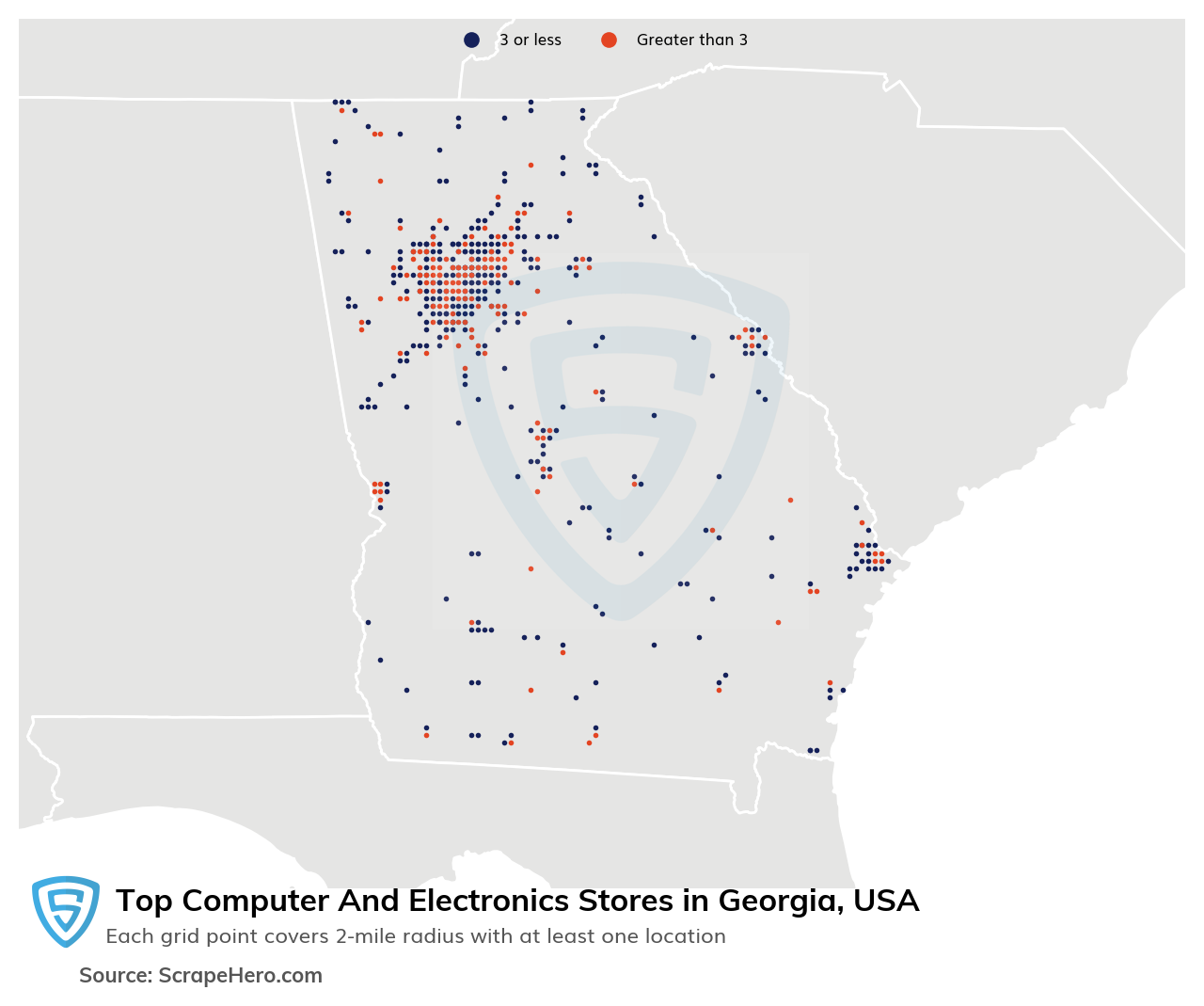 Map of 10 Largest computer & electronics stores in Georgia in 2025 Based on Locations
