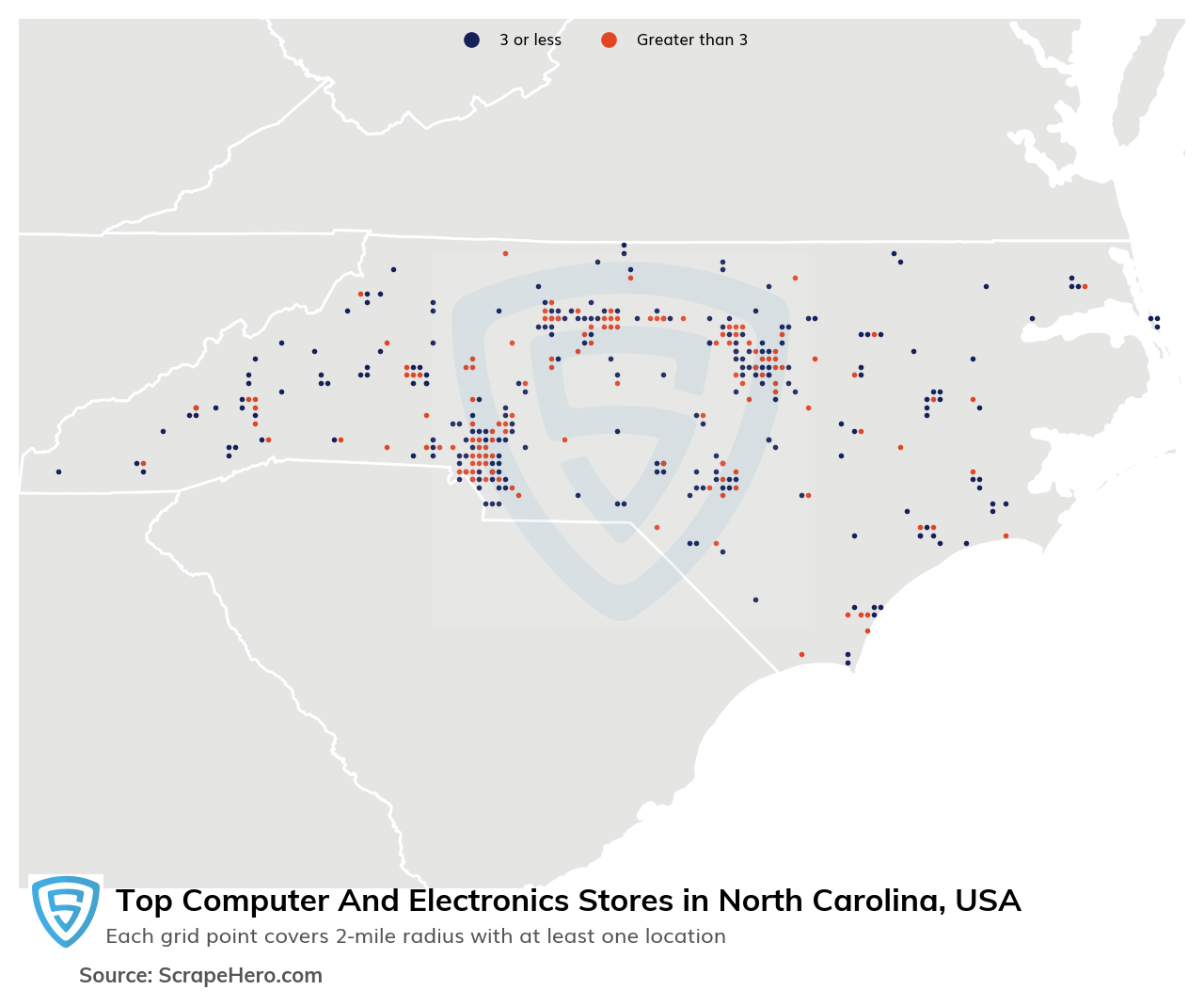 Map of 10 Largest computer & electronics stores in North Carolina in 2025 Based on Locations