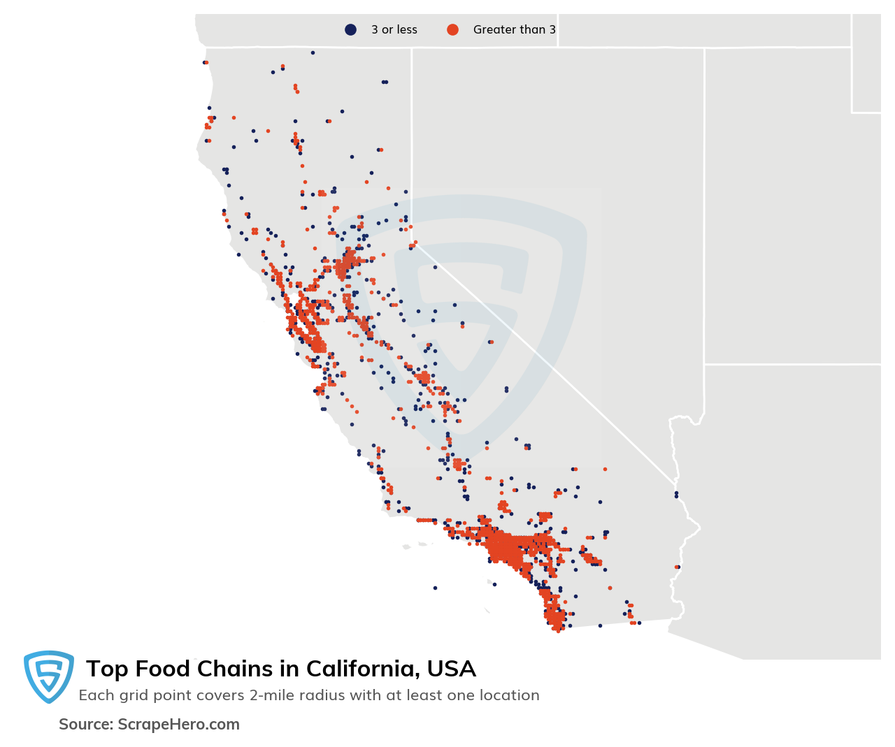 Map of 10 Largest food chains in California in 2023 Based on Locations