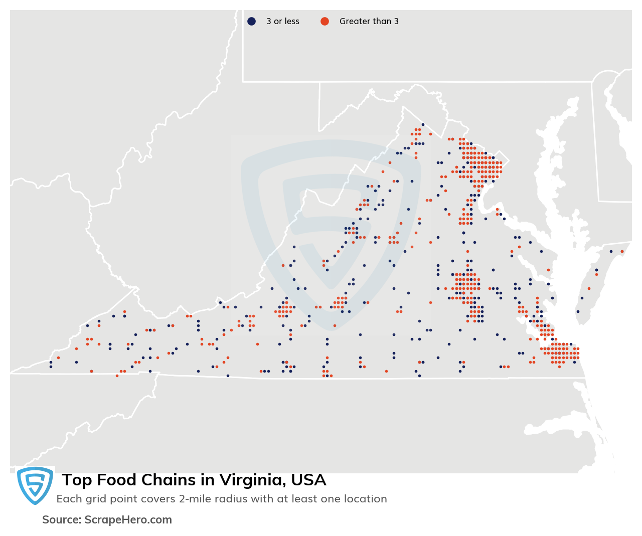 Map of 10 Largest food chains in Virginia in 2023 Based on Locations