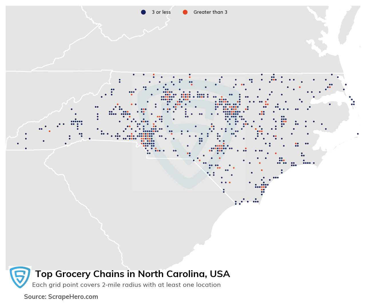 Map of 10 Largest grocery chains in North Carolina in 2023 Based on Locations