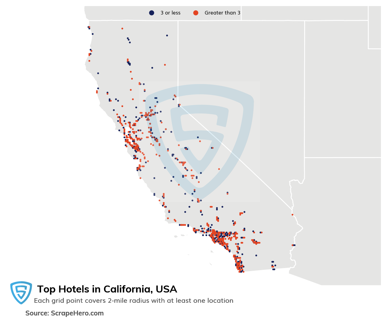 Map of top hotels in California in 2022