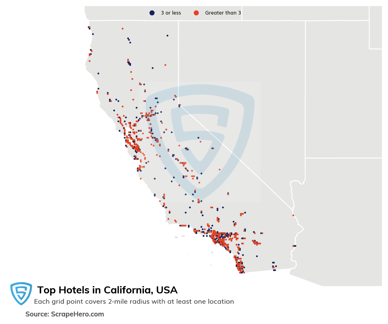 Map of top hotels in California in 2024