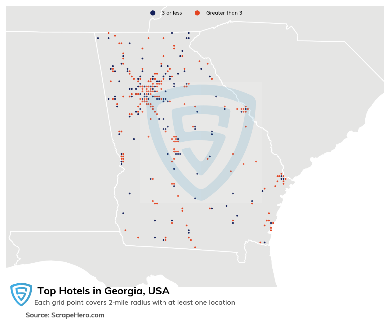 Map of top hotels in Georgia in 2025