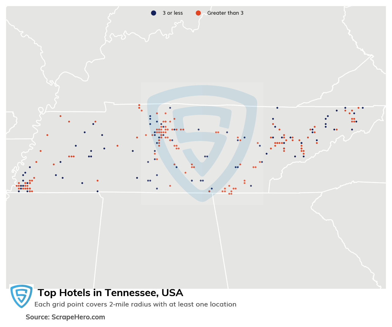 Map of top hotels in Tennessee in 2025