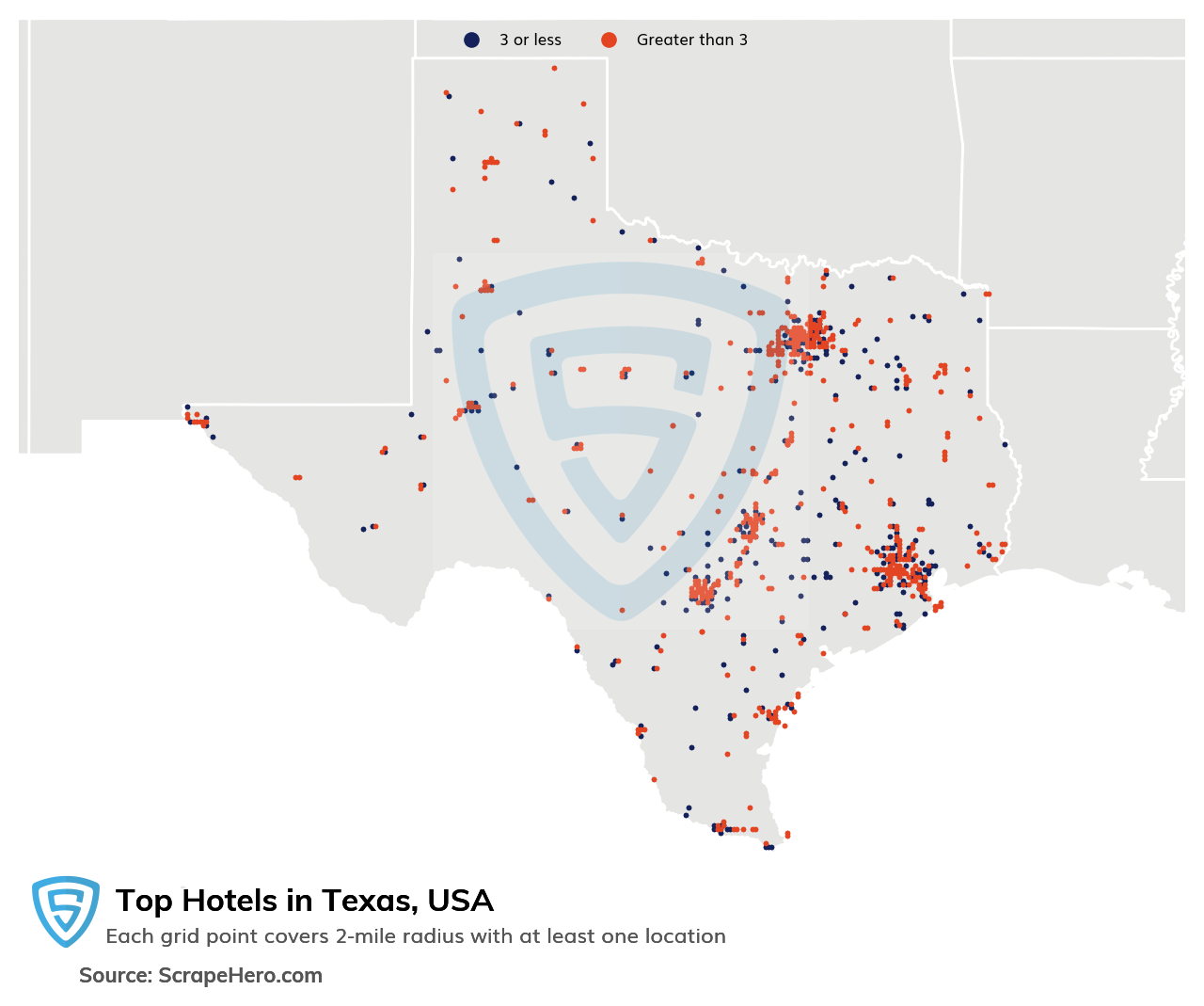 Map of top hotels in Texas in 2022