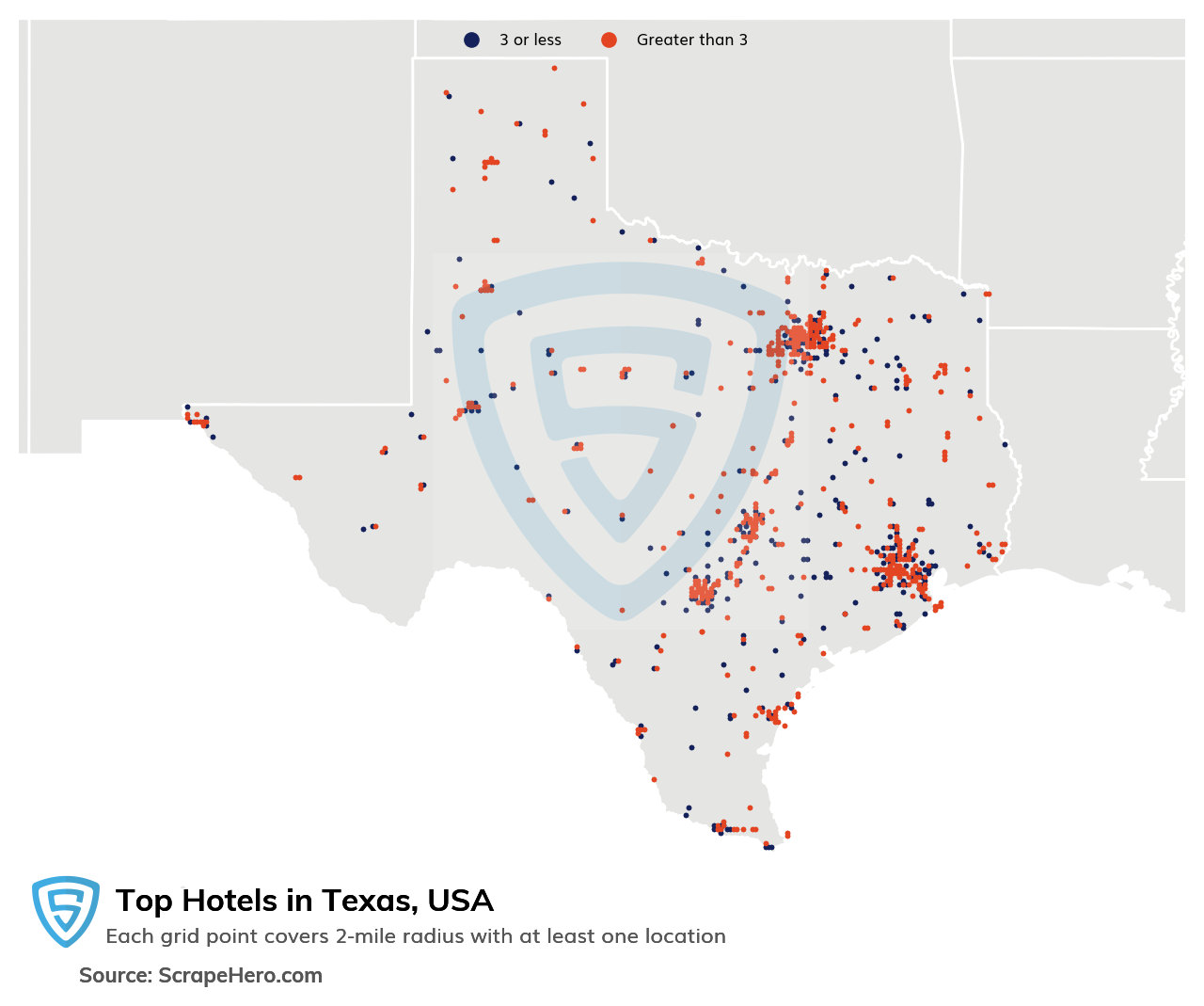 Map of top hotels in Texas in 2024