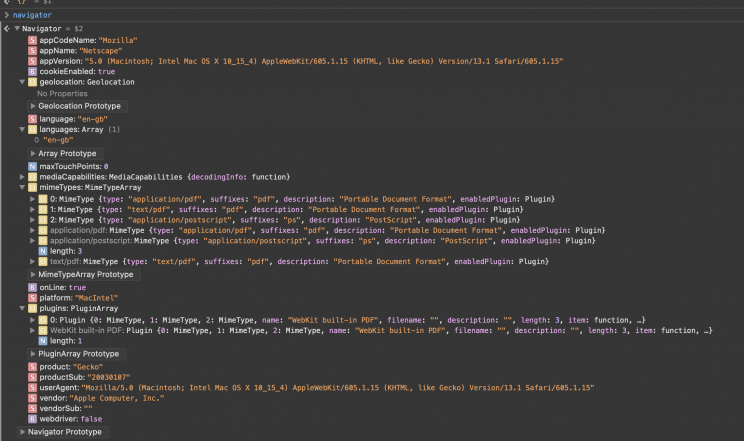 Features of Browser and Computer exposed via Navigator Object in Safari Console