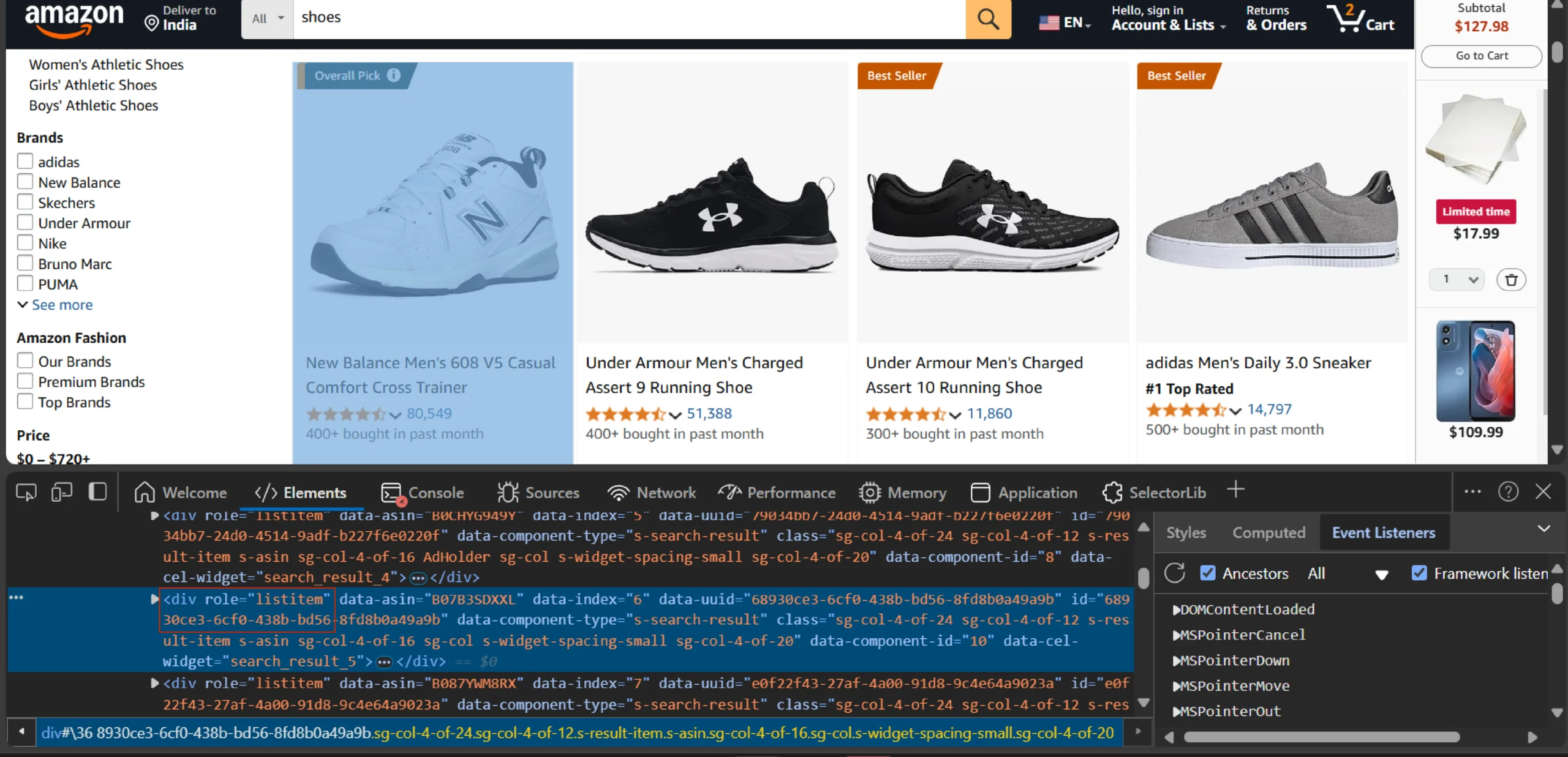 Inspect panel on Amazon’s search results page