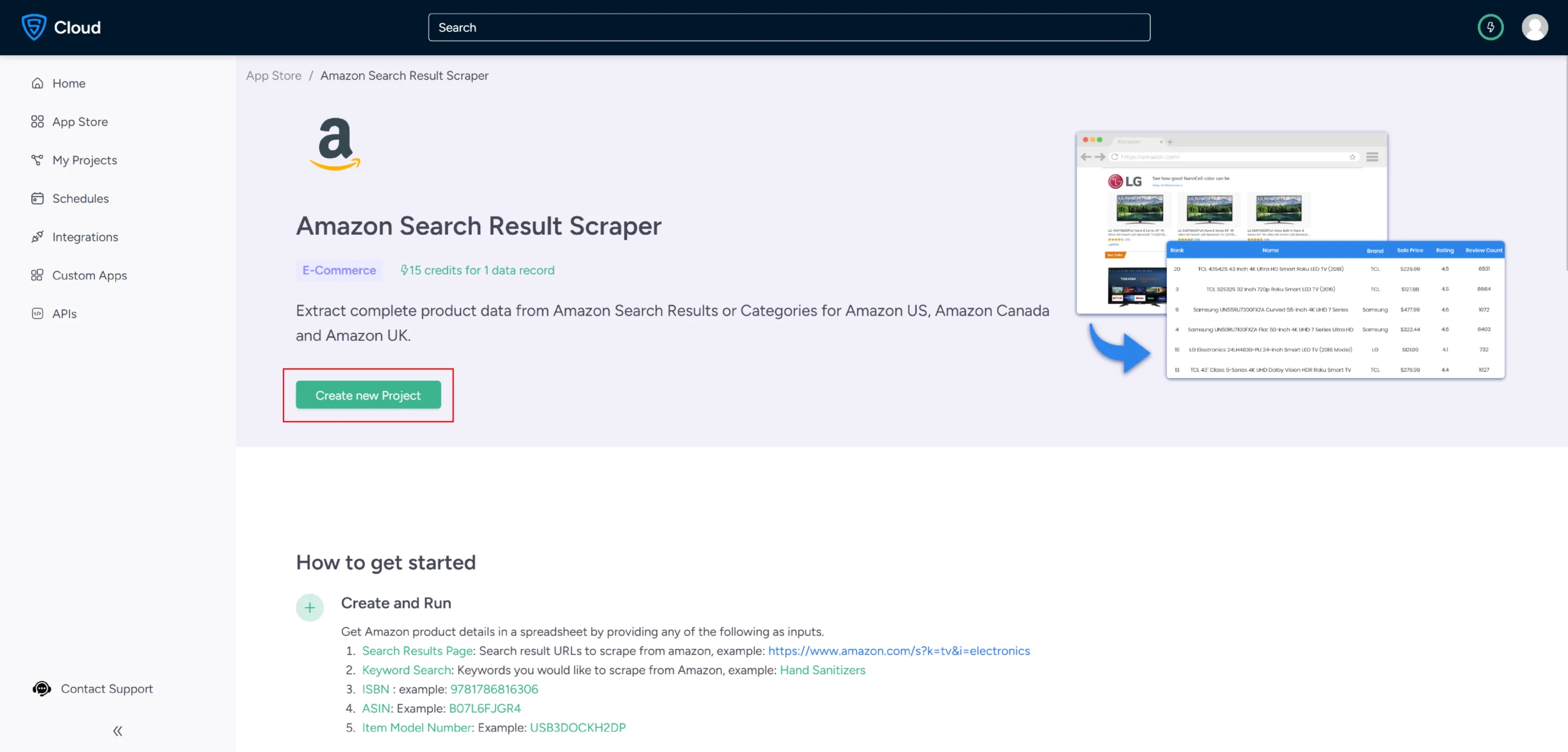 Clicking the Create New Project button