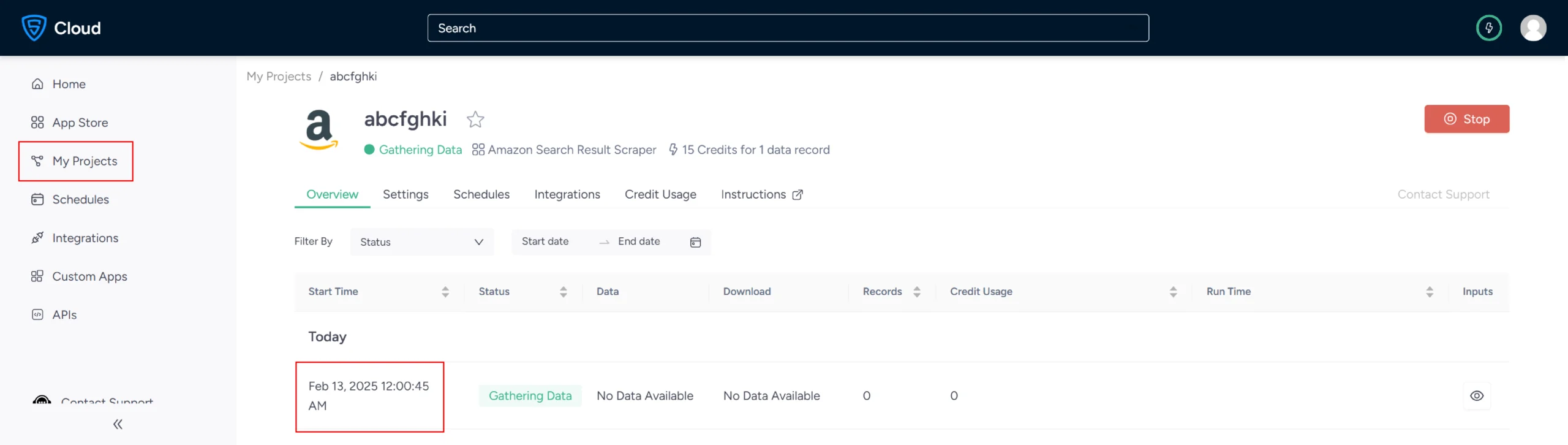 Tracking the scraper's progress under the Projects tab.