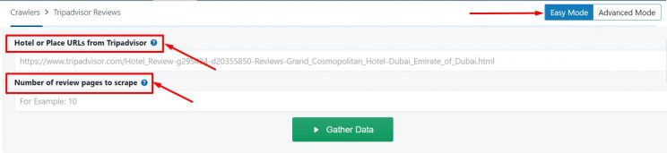 Data input fields for Tripadvisor crawler