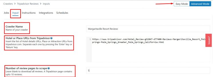 Data input fields in Advanced mode