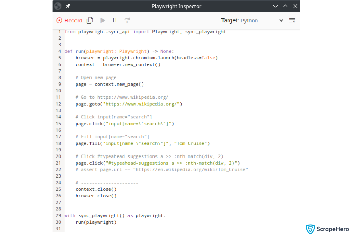 Wikipedia scraper- Image of tan equivalent code generated in the Playwright Inspector.