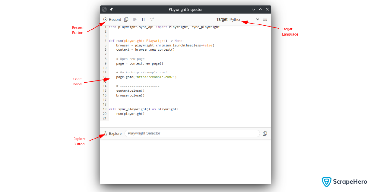  web scraping with playwright codegen- Image explaining the features of Playwright Inspector.