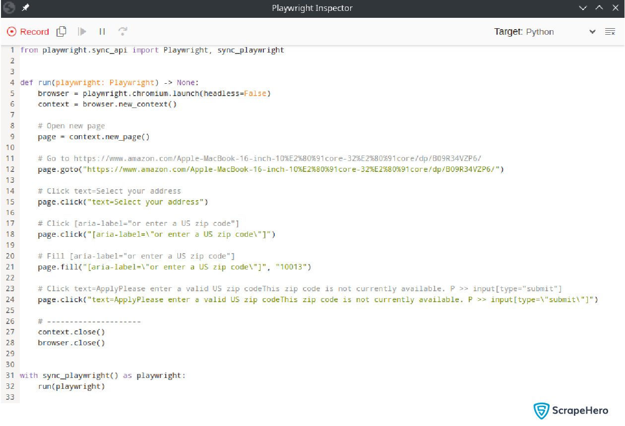 Amazon Scraper Using Playwright Codegen- Image of the Playwright Inspector generating the code for setting the zip code.