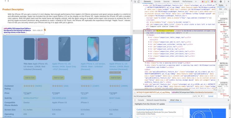 Finding element id from Amazon for extracting exact table