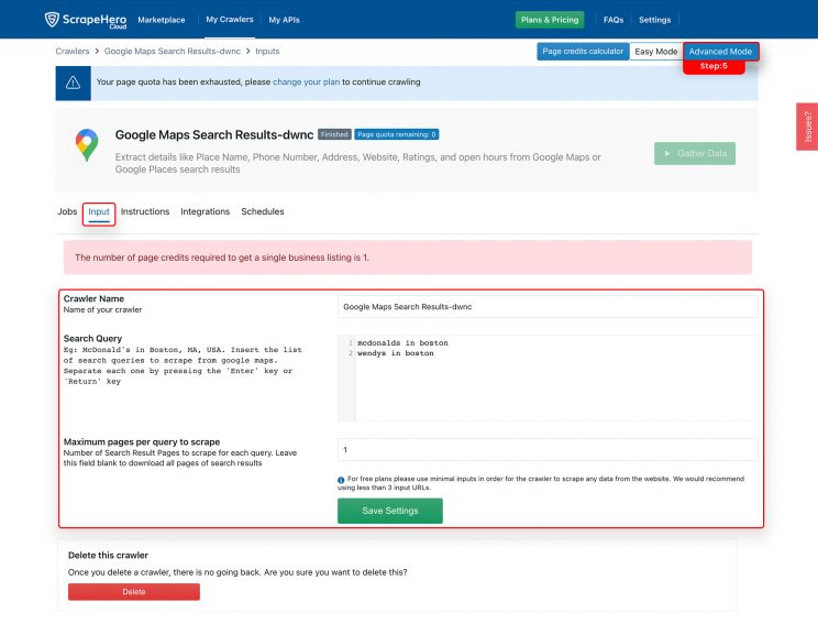 Advanced mode for google maps scraper by ScrapeHero Cloud