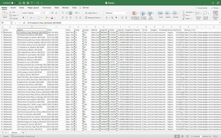 Extract data from Google maps to excel spreadsheet