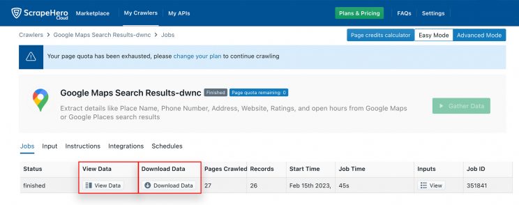 View data for google maps scraper by ScrapeHero Cloud