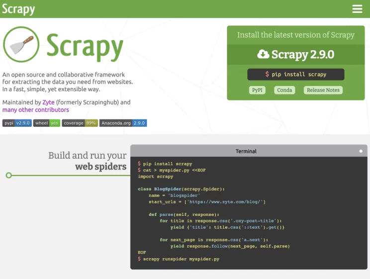 Scrapy, one of the best web scraping tools available.