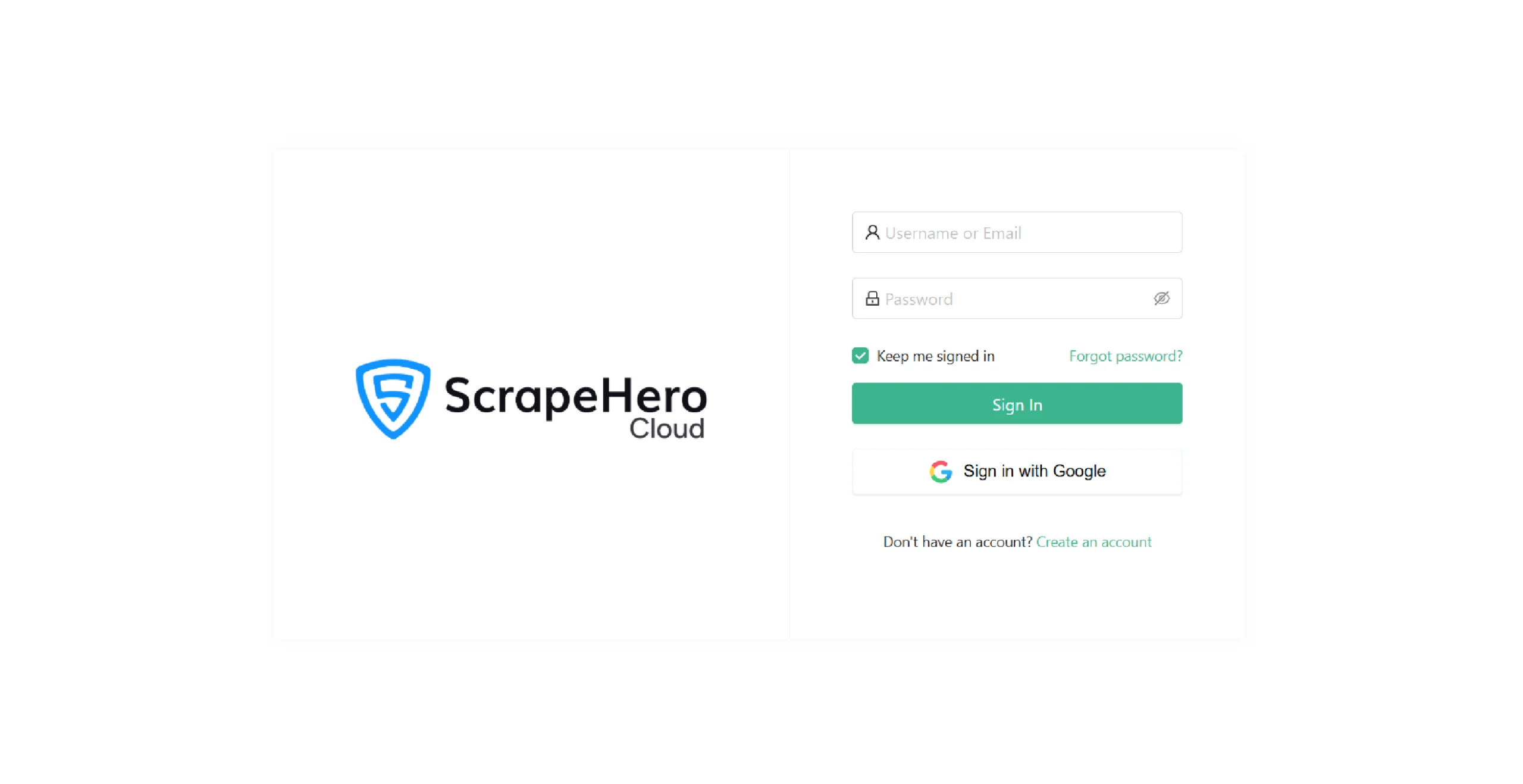 ScrapeHero Cloud login page