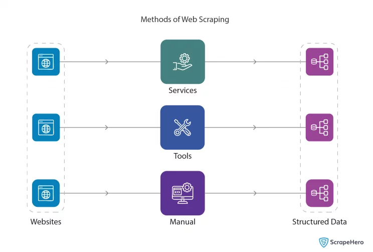 An infographic showing the three main methods to extract data from websites. These points are relevant for a complete understanding of what is data scraping. 
