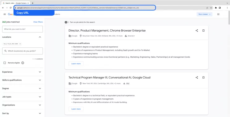  to scrape google careers, copy the URL of the job listings page