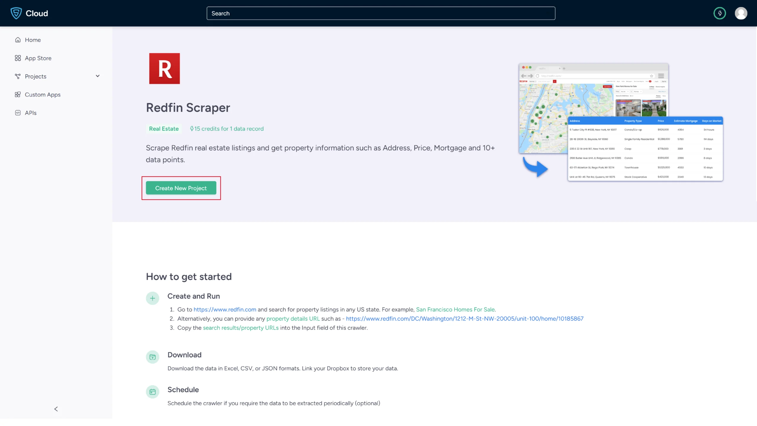 Redfin scraper create new project