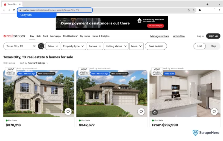 to scrape Realtor.com, copy search results URL into ScrapeHero Cloud crawler