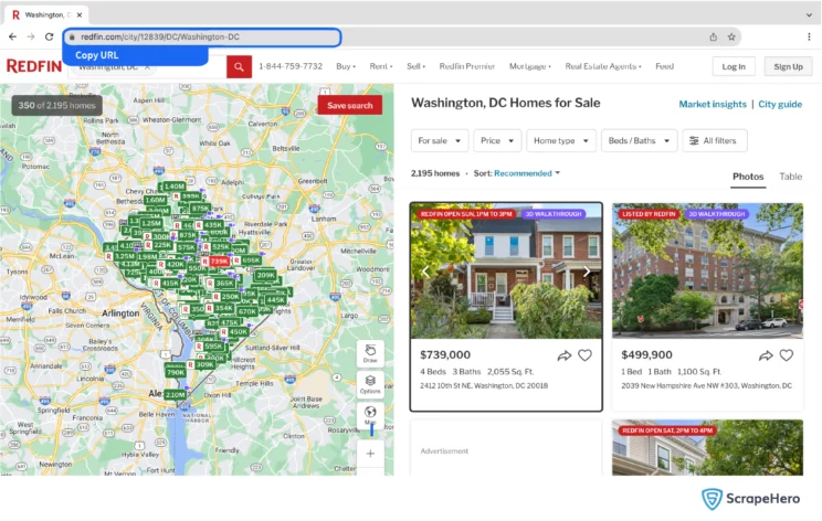 to scrape Redfin using ScrapeHero Cloud- copy the Search results URL and paste it in the input field of the scraper