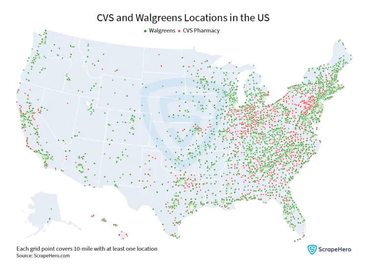 Map showing the geographical distribution of the top two retail health clinic location providers in the US. 