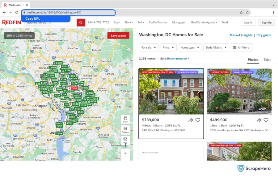 Redfin search URL