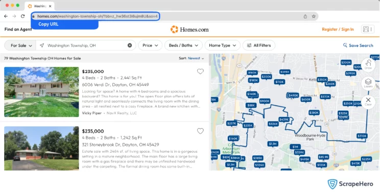 input the search results page URL to scrape homes.com using ScrapeHero Cloud