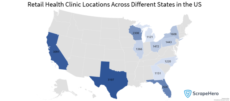 Map showing the retail health clinic locations of 16 major clinics in the US across different states. 
