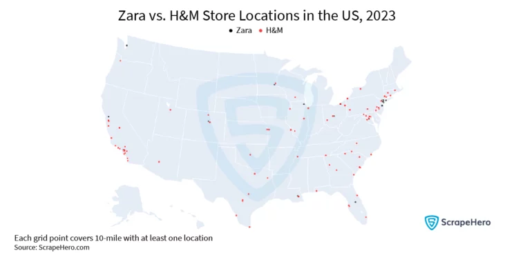 Map showing Zara vs. H&M store locations in the US. 